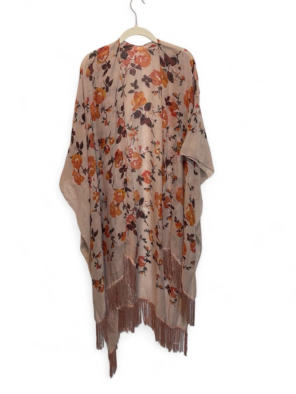 Beige Floral Fringe Kimono
